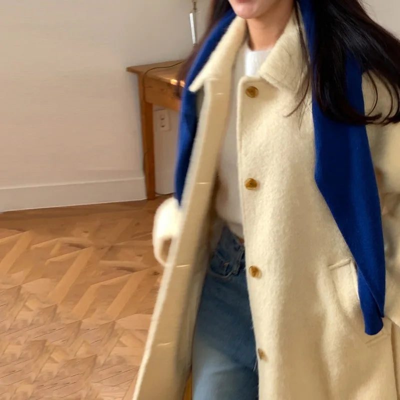 Sweet Hot Girl Retro Turndown Collar Woolen Coat Autumn/winter Longsleeved Loose Singlebreasted Coat Female Clothes