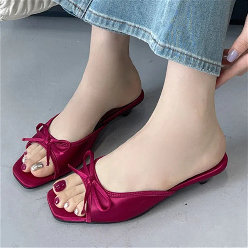 Summer Butterflykont Slippers Square Toe Party Dress Female Sandals Low Heels Shoes Large Size 43