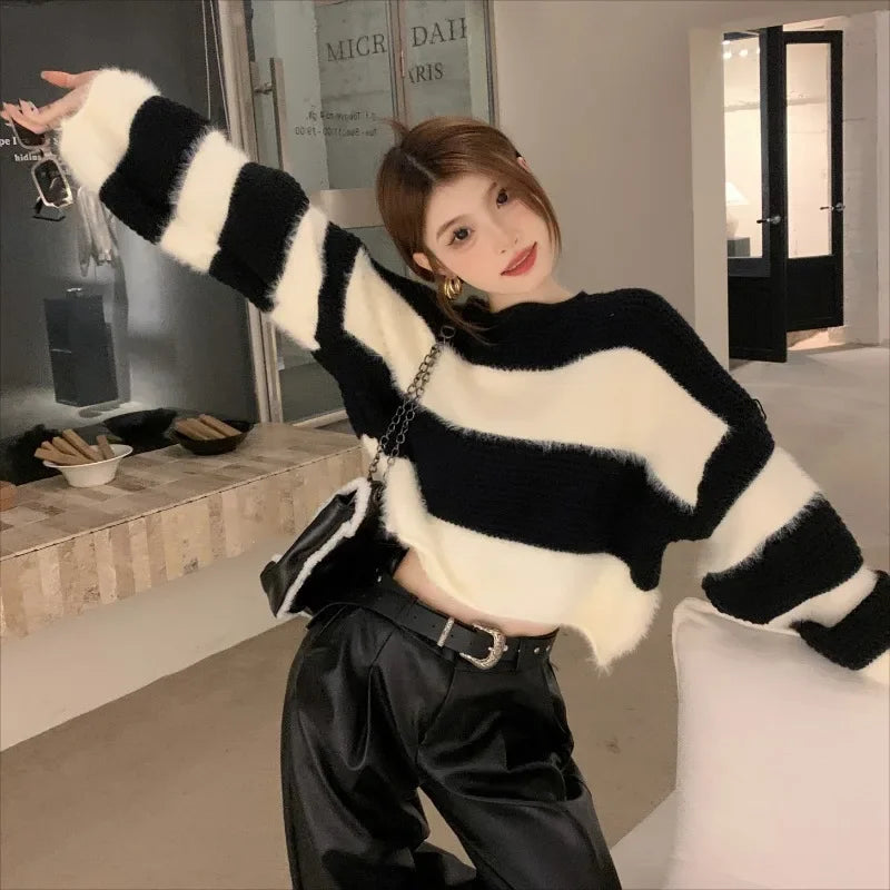 High Street Loose Soft Cashmere Long Sleeve Sweater Winter New Oneck Contrast Color Striped Knitted Crop Tops