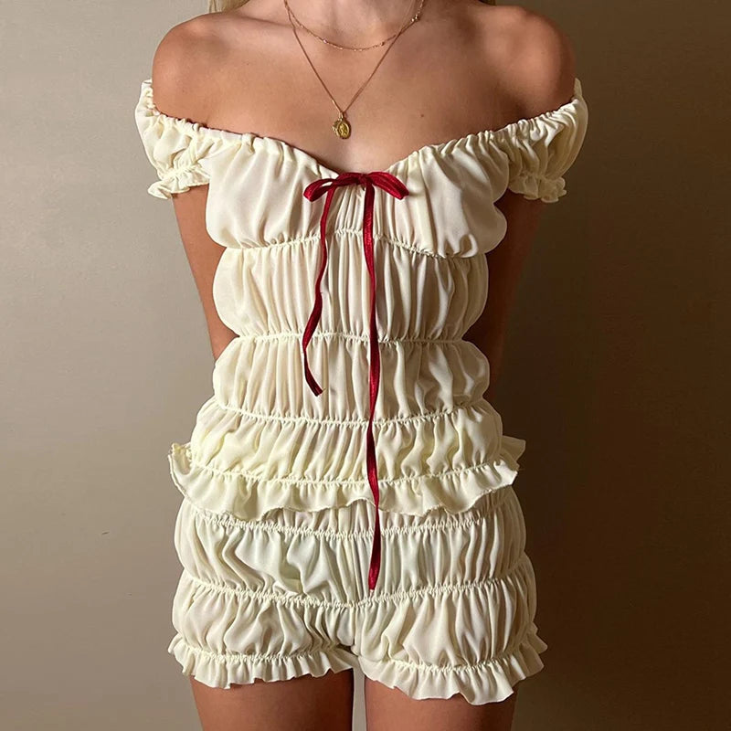 2000s Retro 2 Piece Set Cottage Lounge Ruched Off Shoulder T-shirt Crop Tops + Shorts Kawaii Pajamas Y2k Outfits