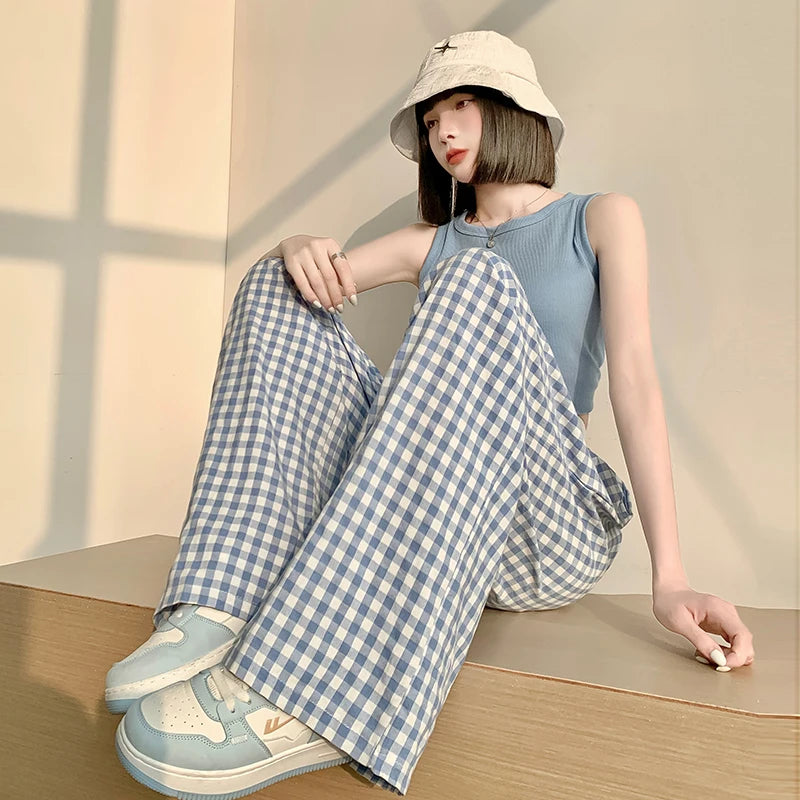 Thin High Waisted Checkered Black and White Wide Leg Pants, Elastic Floor Length Pants, Retro Loose and Versatile