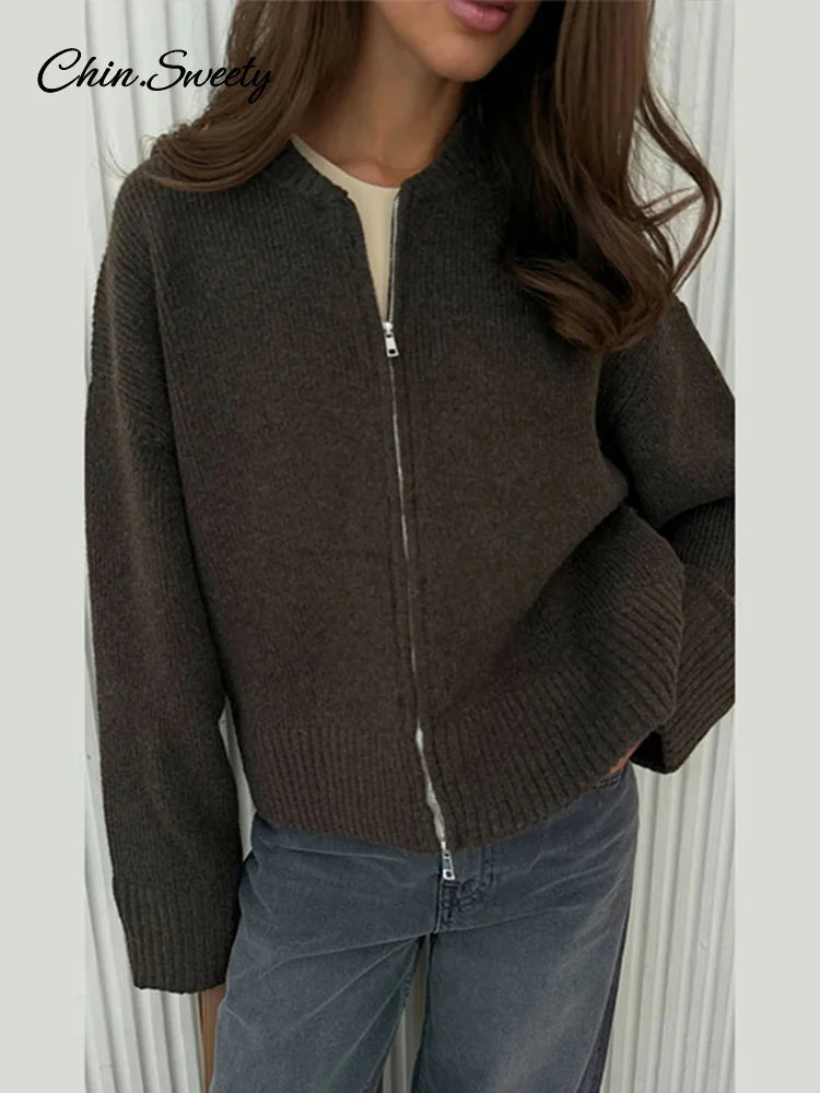 Autumn Winter Zipper O-neck Knitted Cardigans Loose Long Sleeve Sweater Top Lady All-matching Knitwear