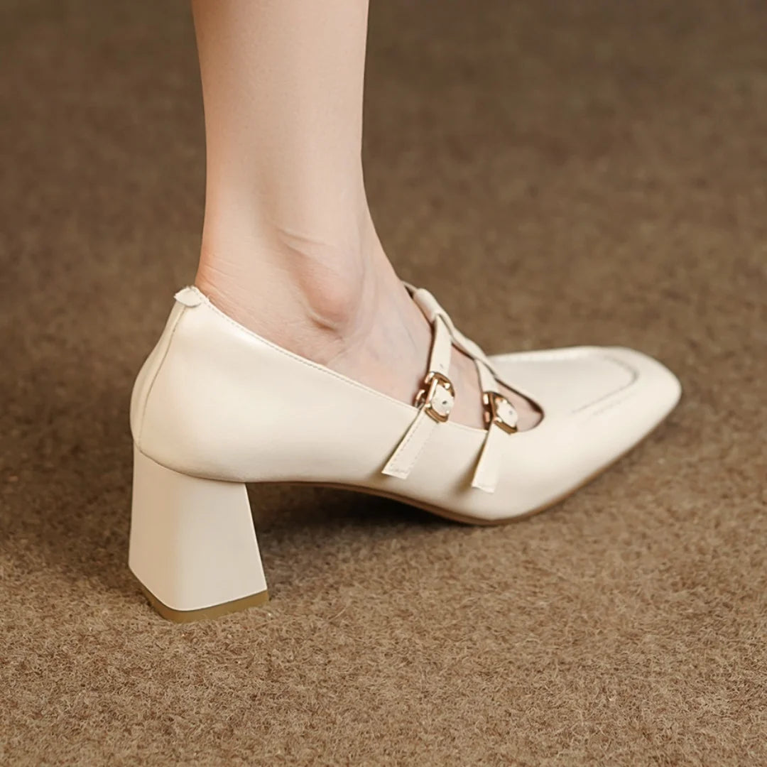 Genuine Leather Double Metal Buckle Tstrap Slipon Pumps 7cm Thick Med Heel Ol Style Daily Heeled Shoes