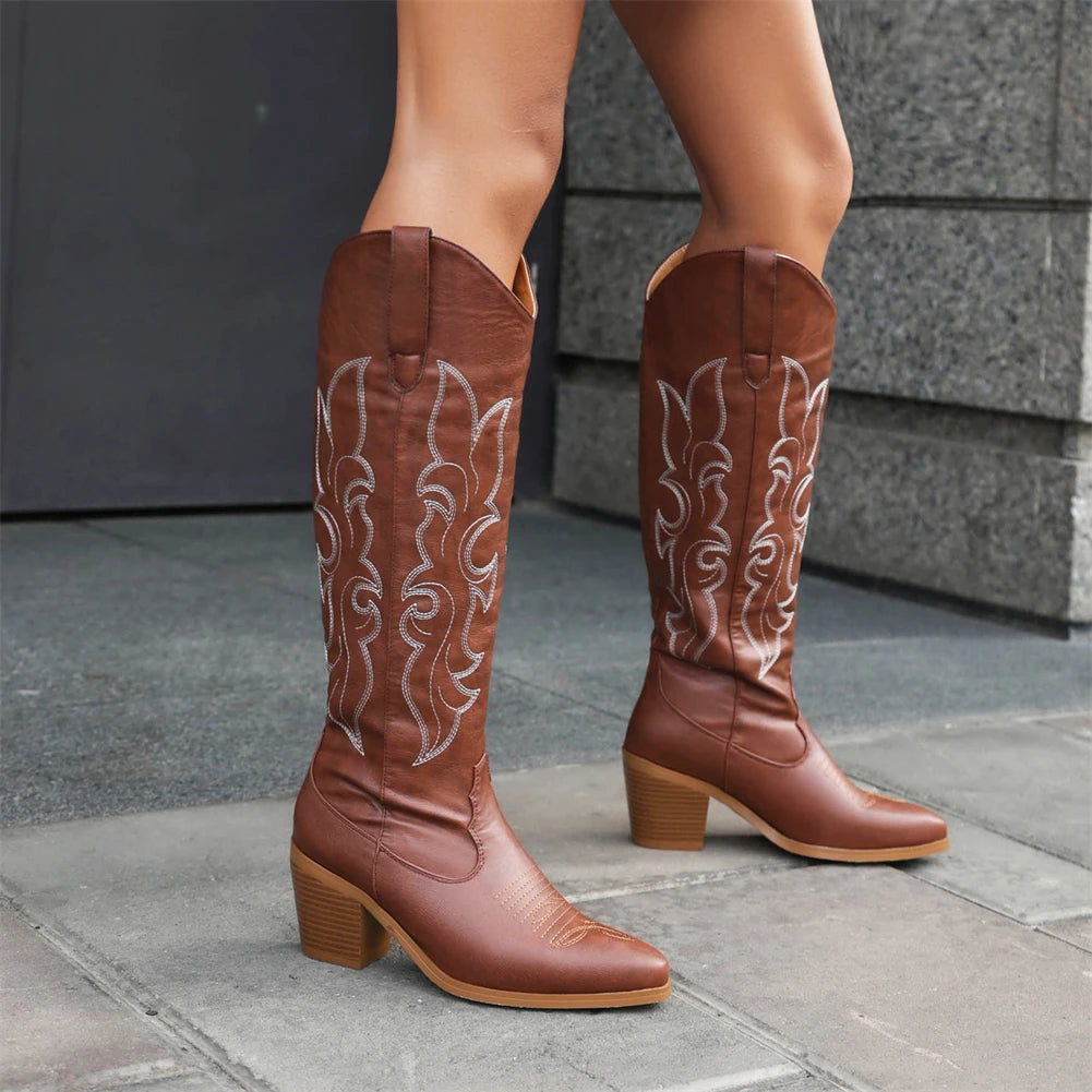 Western Cowboy Knee High Boots Pointed Toe Thick High Heeled Embroider Autumn Winter Red Long Booties Shoes Woman