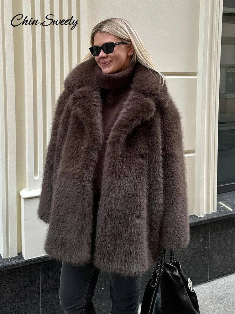 ’s Brown Faux Fur Coat Lapel Mid-length Loose Imitation Plush Furry Buckle Overcoat Winter Lady Thick Warm Outwear