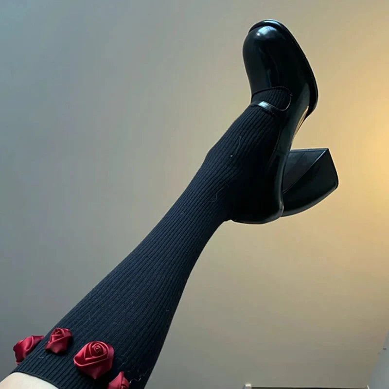 New Round Toe Mary Jane Shoes Retro Buckle High Heels Dress Shoes Party Thick Soled Pumps Zapatos De Mujer