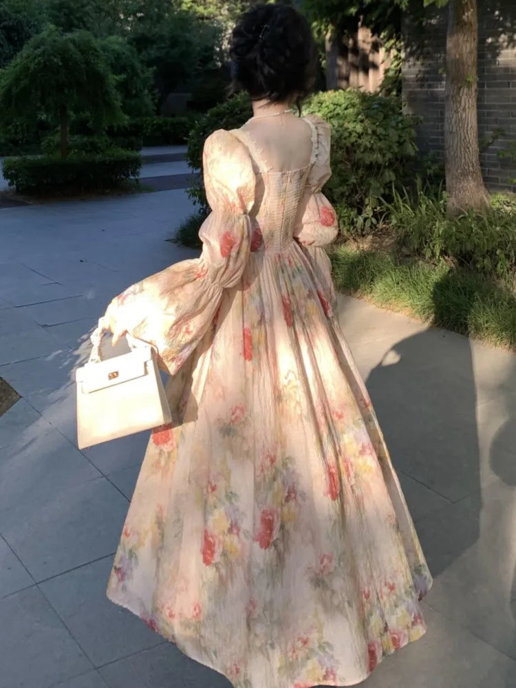 French Printed Midi Long Dress Autumn Square Collar Lantern Sleeve Laceup Midi Vestidos One Piece Clothing