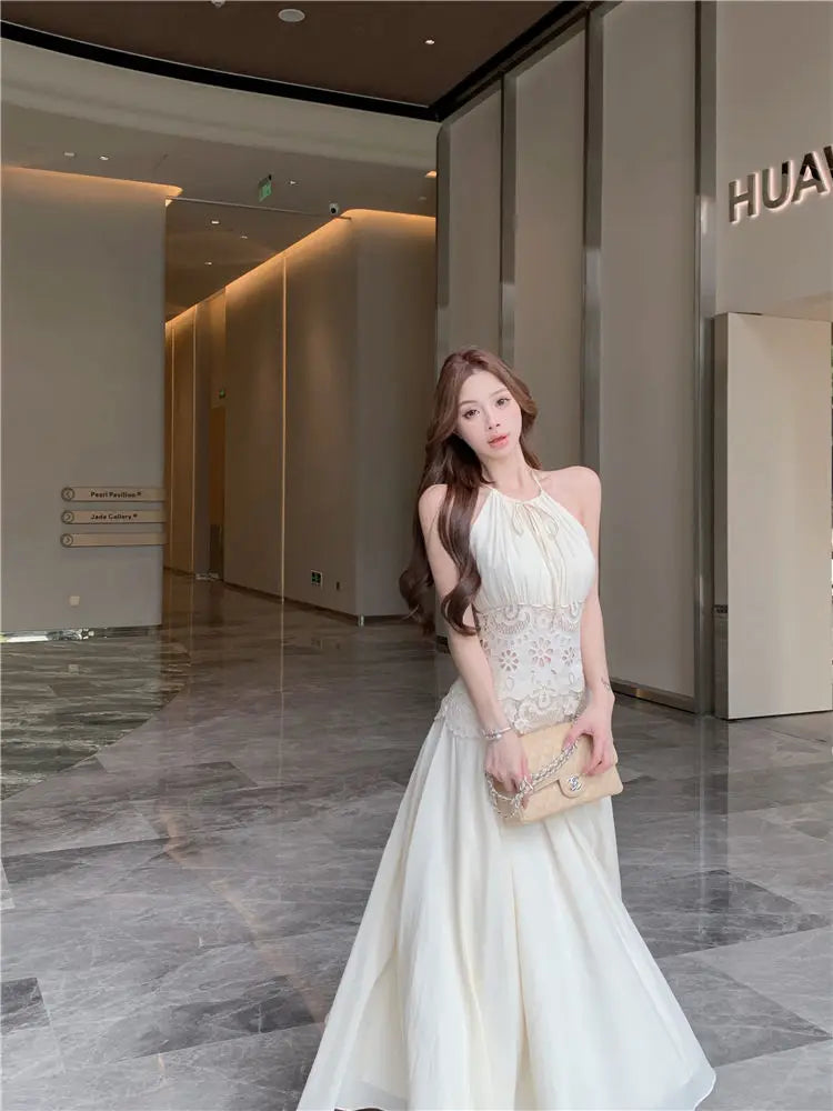 Lace Patchwork Hanging Neck Dress Summer Waist Cinched Sleeveless Spicy Girl Temperament Aline Long Dresses