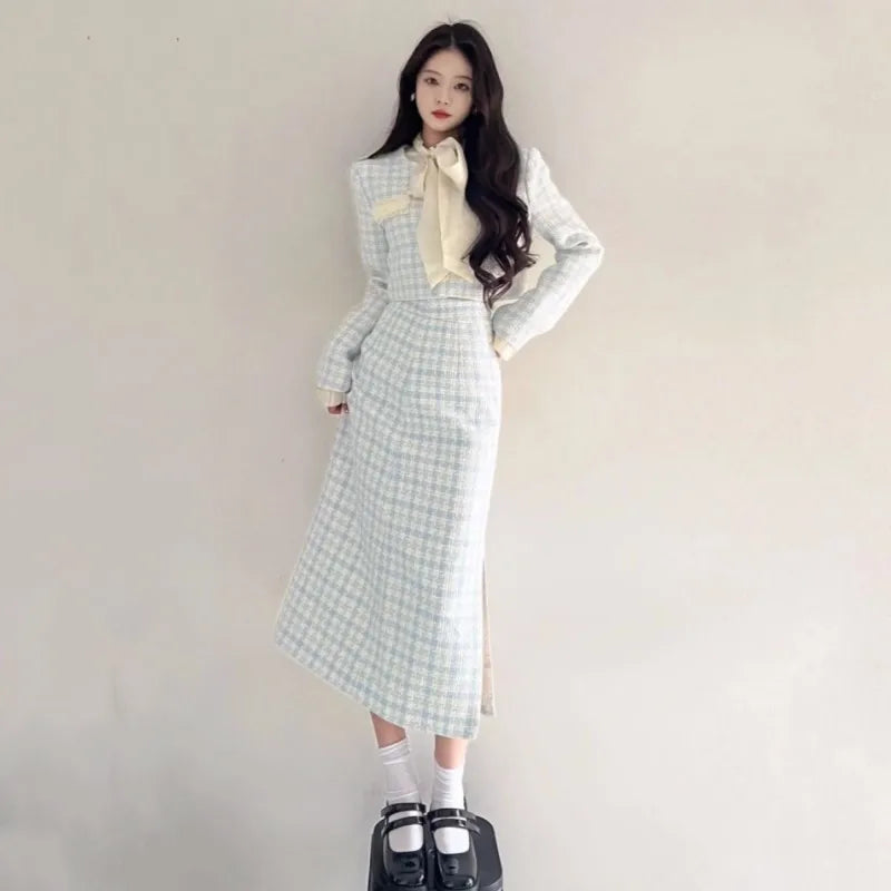 Korean Two-piece Skirt Sets Crop Jacket Coat Bodycon Midi Skirt Autumn Winter New Female Outfits
