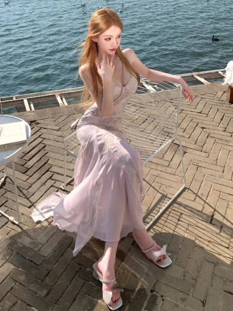 French Y2k Midi Dress Female Slim Lace Print Camisole Long Dress Sequin High Waist Dresses Even Party
