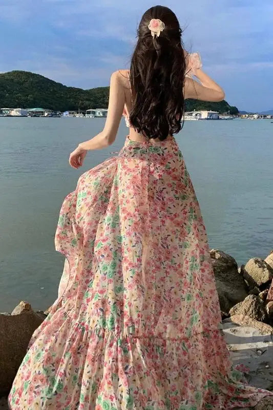Sweet Hot Girl Pink Dress Spring/summer Holiday Backless Halter Aline Long Dress Female Clothes