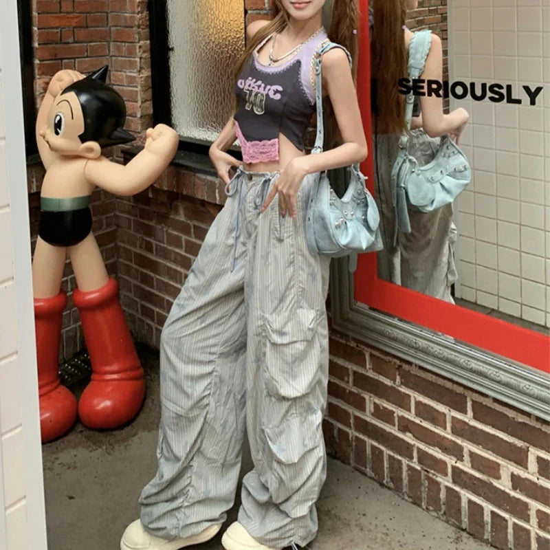 Summer New Korean Letter Printed Lace Patchwork Camisole + High Waist Drawstring Striped Pants Twopiece Suit