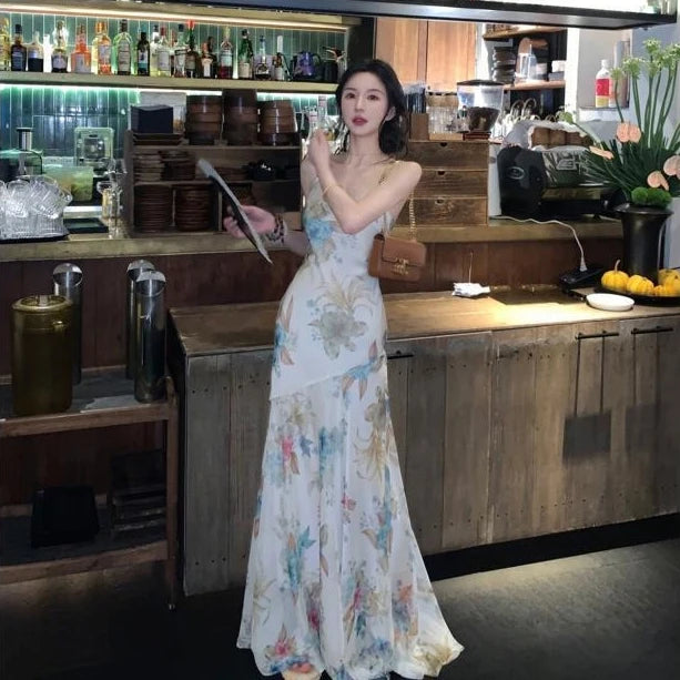 French Style Highend Dress for New Summer Unique Evening Party Dresses Printed Chiffon Suspender Long Dress.