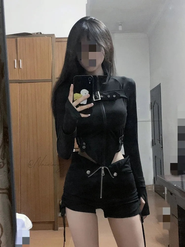 Spring New Slim Fit Black Long Sleeve Zipper Tops + High Waist Drawstring Shorts Y2k Egirl Two Piece Sets