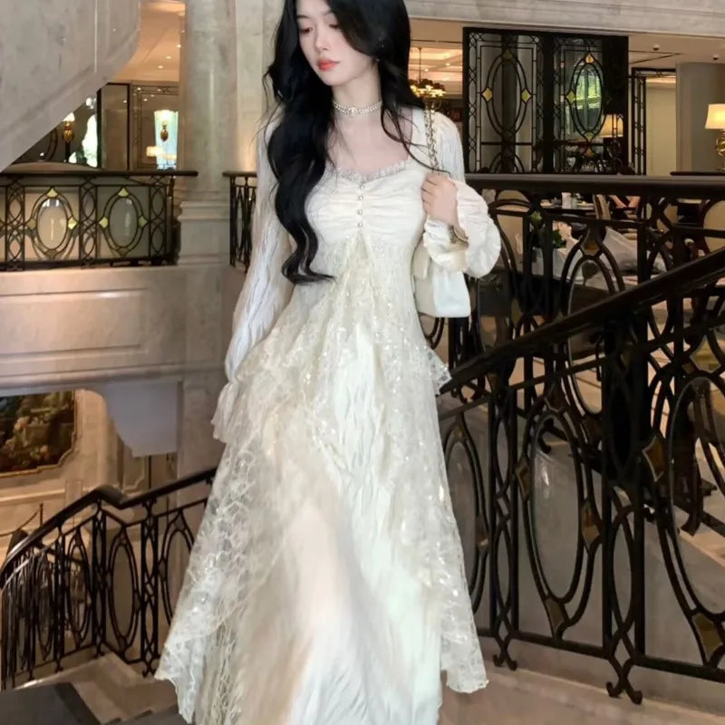 Autumn Winter New Midi Dresses for Lace Ruffles Flare Sleeve Aline Birthday Party Dress Korean Vestidos Mujer