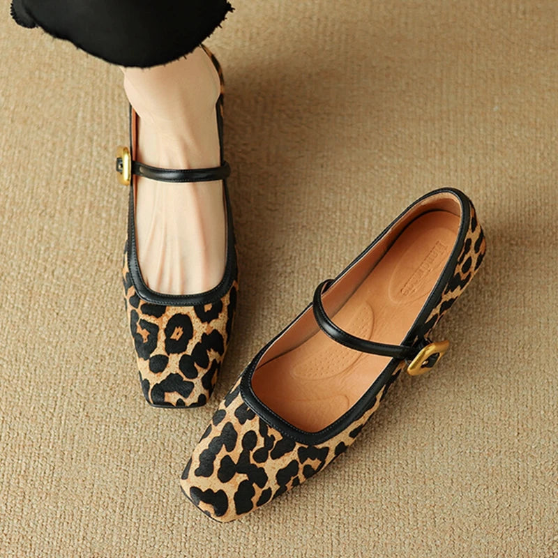 New Spring/autumn Pumps Square Toe Chunky Heel Shoes Horsehair Leopard Shoes for Concise High Heel Buckle Mary Janes