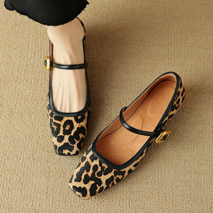 New Spring/autumn Pumps Square Toe Chunky Heel Shoes Horsehair Leopard Shoes for Concise High Heel Buckle Mary Janes