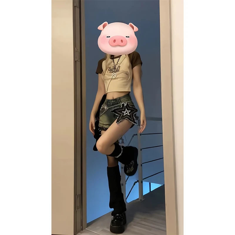 Y2k Star Print Denim Shorts Harajuku Gothic Wide Leg Shorts Jeans Summer High Waist Hot Short Pants New