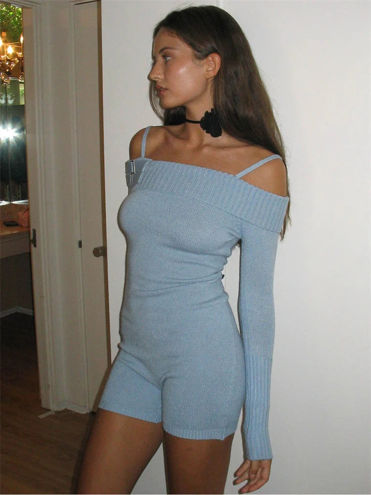 Summer New Offshoulder Jumpsuit for Long Sleeve Y2k Slim Playsuit Knitwear High Waist Short Sets Rompers