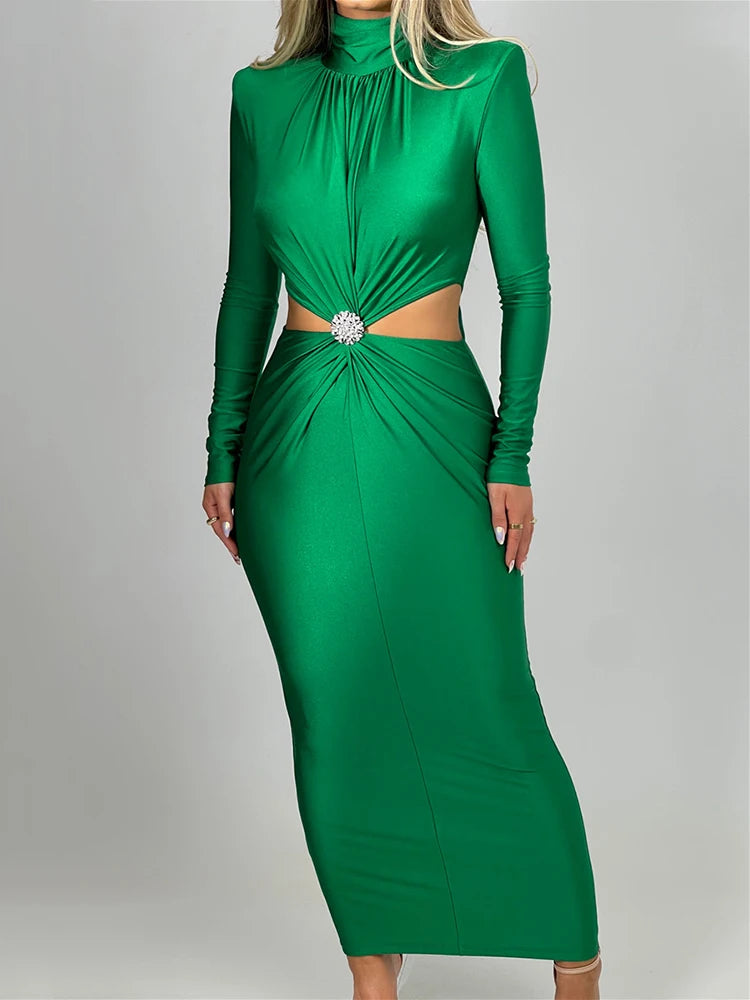 Hollow Out Maxi Dress for Autumn Winter New Turtleneck Long Sleeve Bodycon Club Party Evening Dress