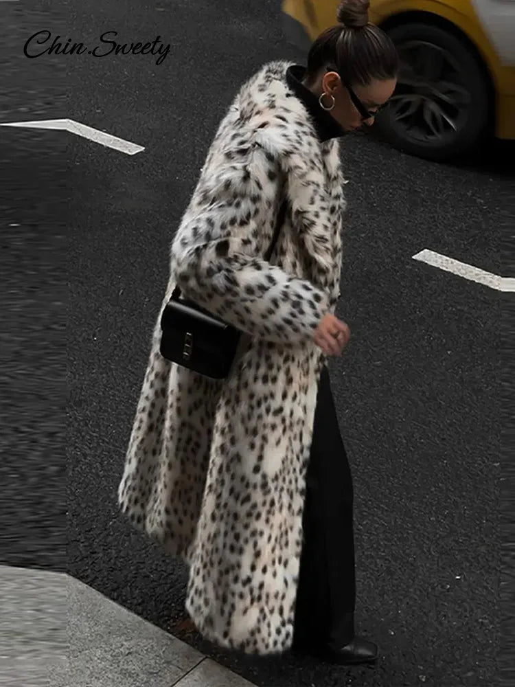 Animal Lapel Faux Fur Long Coat Loose Long Sleeve Pocket Lady Overcoats Autumn Winter Warm Street Thick Outwear