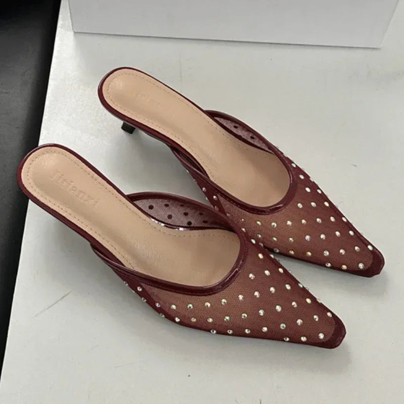 Summer Mesh Rhinestone High Heels Breathable Pointy Toe Shallow Mouth Dress Shoes Slippers Female