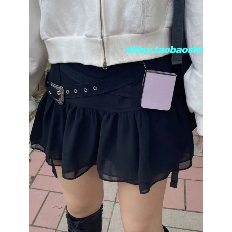Spring and Summer Korean Retro High Street Low Waist Ruffles Skirt With Belt Mini Skirt