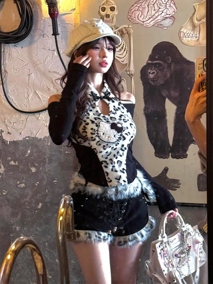 Autumn New Spicy Girl Leopard Pattern Splicing Slim Fit Top High Waist Furry Shorts Set Two Piece Sets Outfits