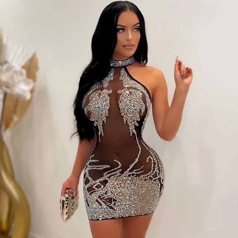 Mesh Sheer See Through Party Dress for Party Club Night Mini Bodycon Dress Rhinestone Sparkly Birthday Skirt