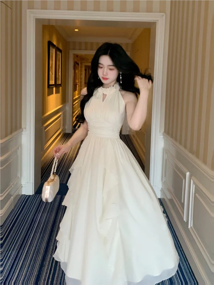 New Strapless Sleeveless White Chiffon Long Dress French Retro Fairy Tale Princess Dress Ruffled Fluffy Dress