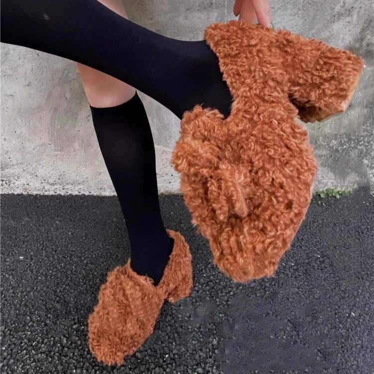 White Teddy Curly Fur Shoes High Heels Winter With Velvet Outer Wear Thick Heels Mary Jane Single Shoes
