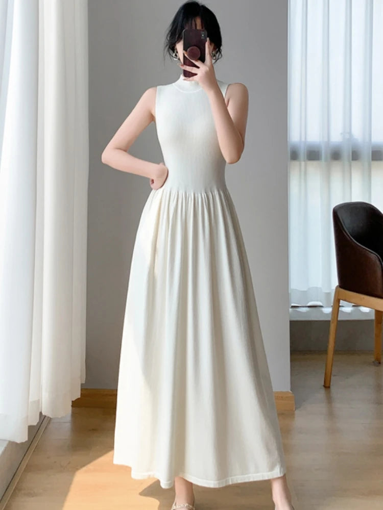Spring Summer New Sleeveless Knitted Midi Dress Slim Robe