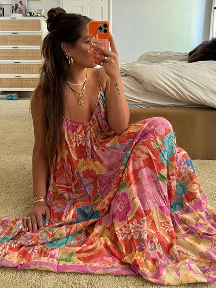 Loose Printed V-neck Sling Dresses Retro Printing Sleeveless Backless Long Dress Female Spring Street Beach Holiday