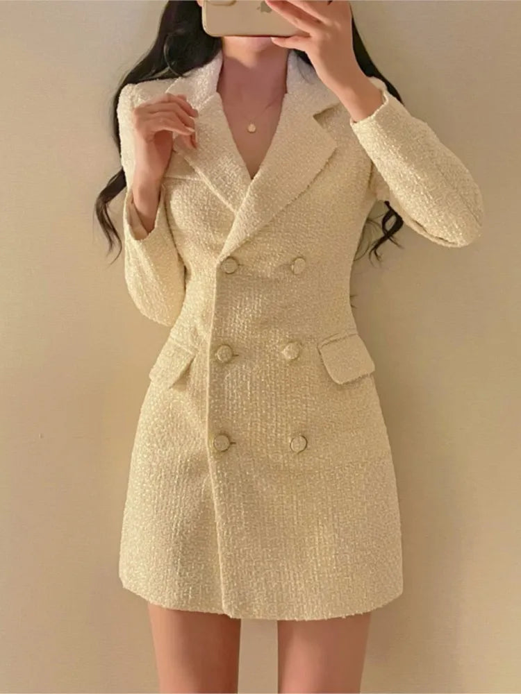 Autumn Winter Tweed Blazer Dress Double Breasted Slim Short Dresses for Korean Office Lady Coat Dress New