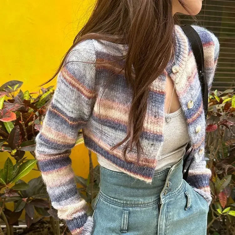 Striped Short Knitted Cardigan Spring and Autumn New Gentle Soft Glutinous Sweater Coat Slim Design Top