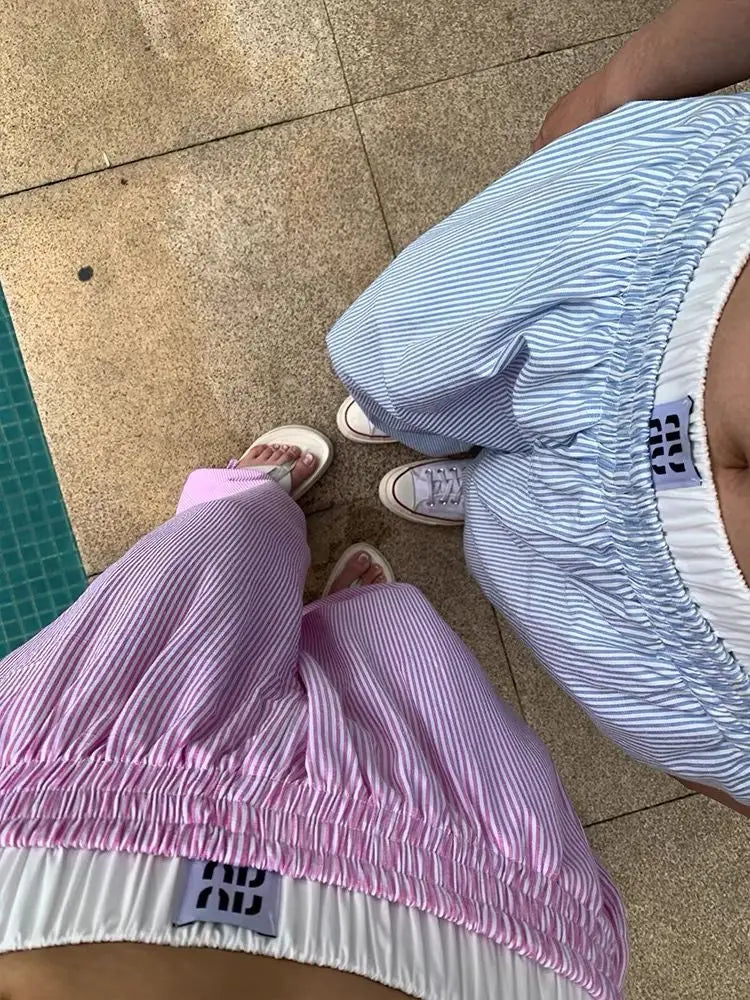 Summer Striped Pants Wide Leg Pants Harajuku Patchwork Fake Two Pieces Trousers Korean
