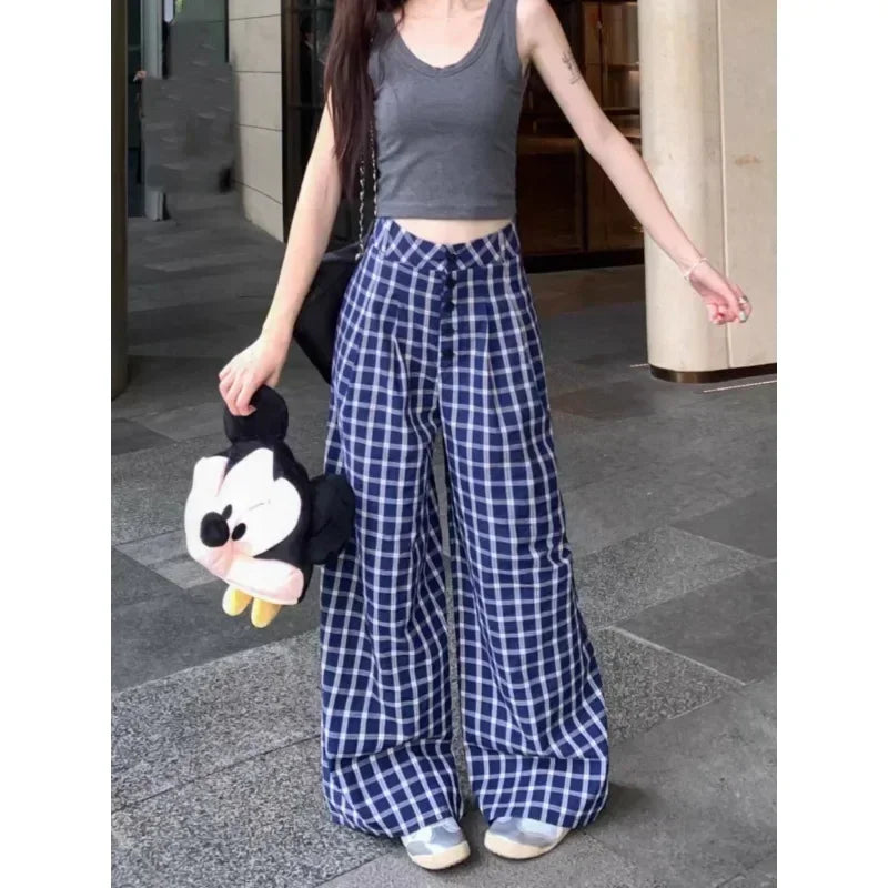 Multibutton Loose Pants Summer New Korean Contrast Color Plaid All Match Wide Leg Pants