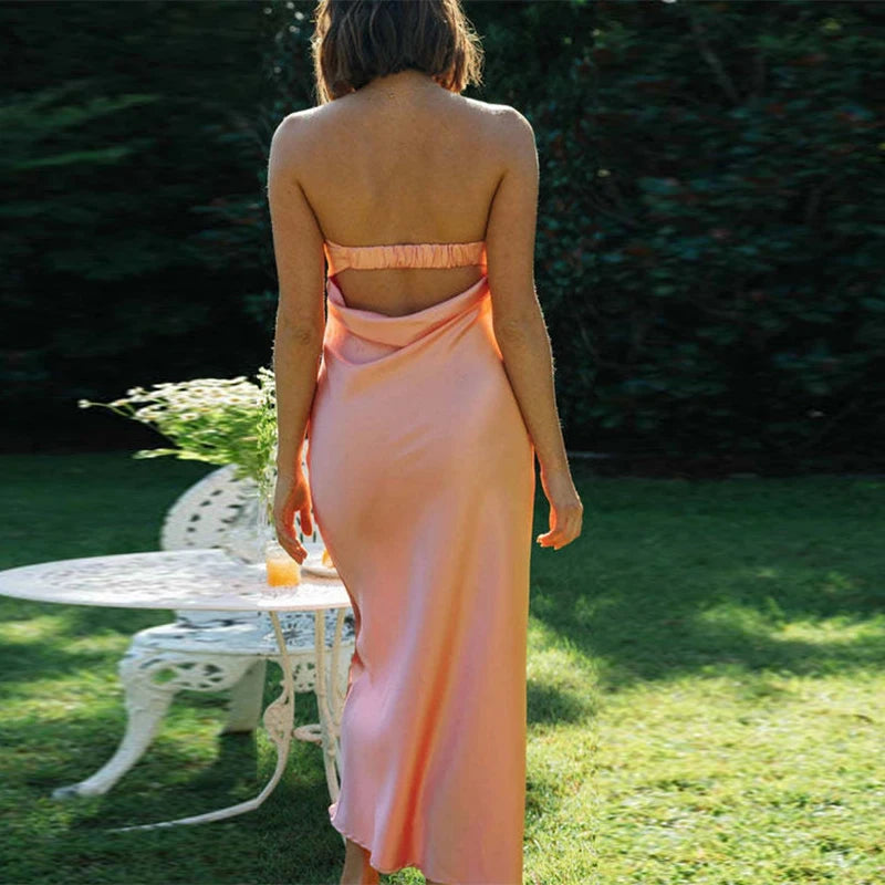 Kylethomasw Backless Strapless Dress Sleeveless Green Satin Party Dresses Summer Robes High Waist Long Dress