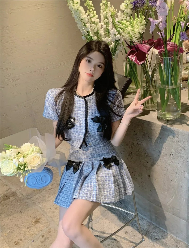 Sweet Hot Girl Suit Autumn Bow Slim Short Coat High Waist Aline Mini Skirt Twopiece Set Female Clothes