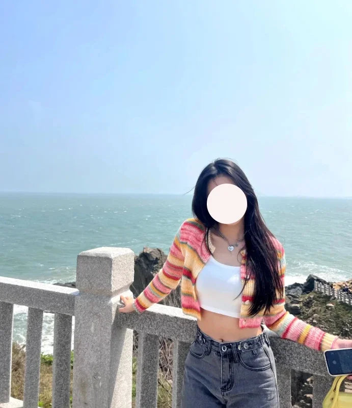 Striped Short Knitted Cardigan Spring and Autumn New Gentle Soft Glutinous Sweater Coat Slim Design Top