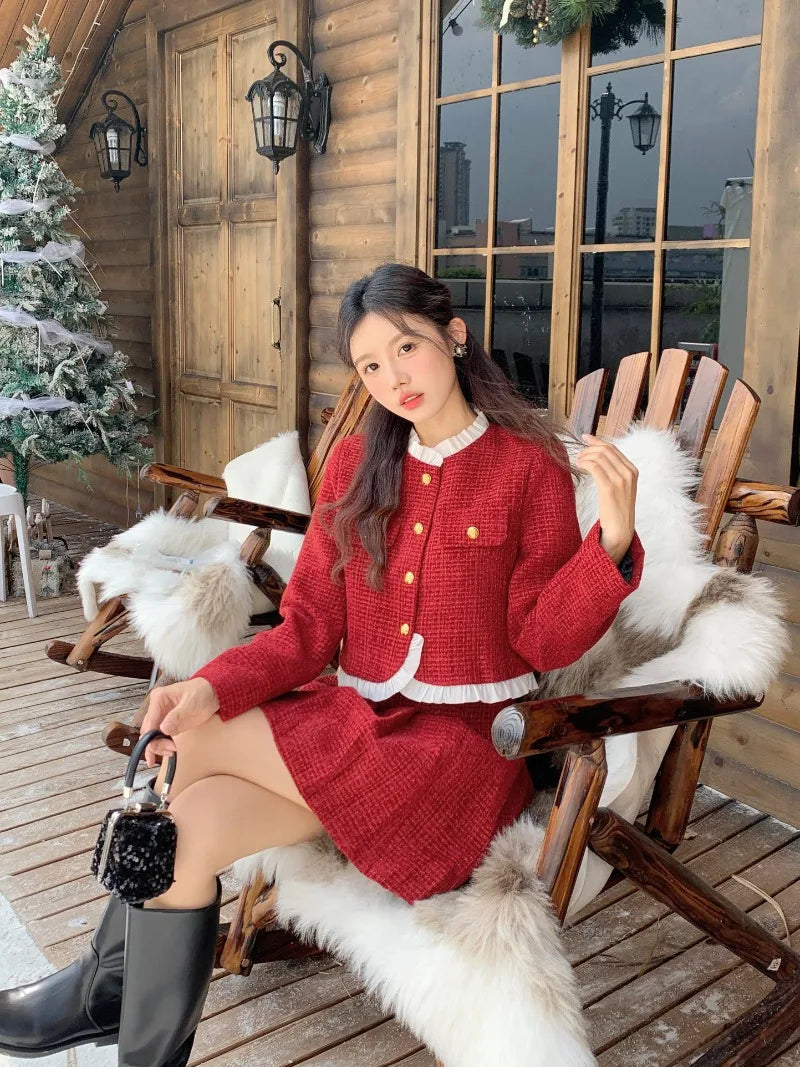 Sweet Hot Girl Christmas Suit Autumn Oneck Longsleeved Coat High Waisted Aline Skirt Twopiece Set Female Clothes