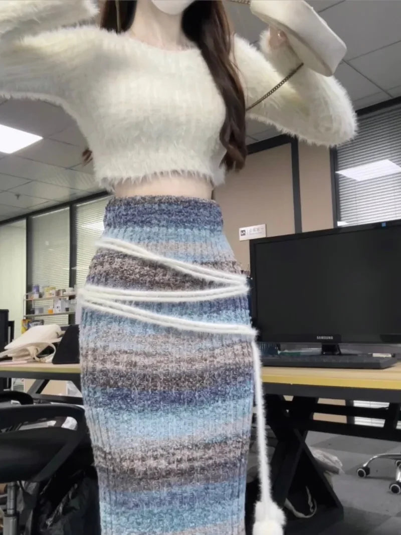 Sweet Hot Girl Knitted Suit Autumn and Winter Longsleeved Mohair Sweater High Waist Skirt Twopiece Set Female Clothes