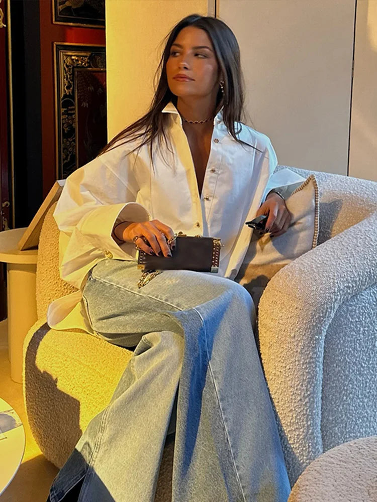 ’s Loose Shirts White Raglan Sleeve Lapel Single Breasted Blouses Spring Office Lady Y2k Street Tops