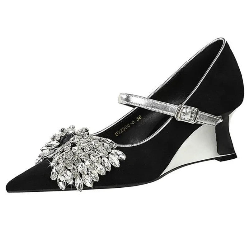 Rhinestone Design Wedge Shoes Shallow Pointed Toe Pumps Female Diamond Butterflyknot High Heels Zapatos De Mujer