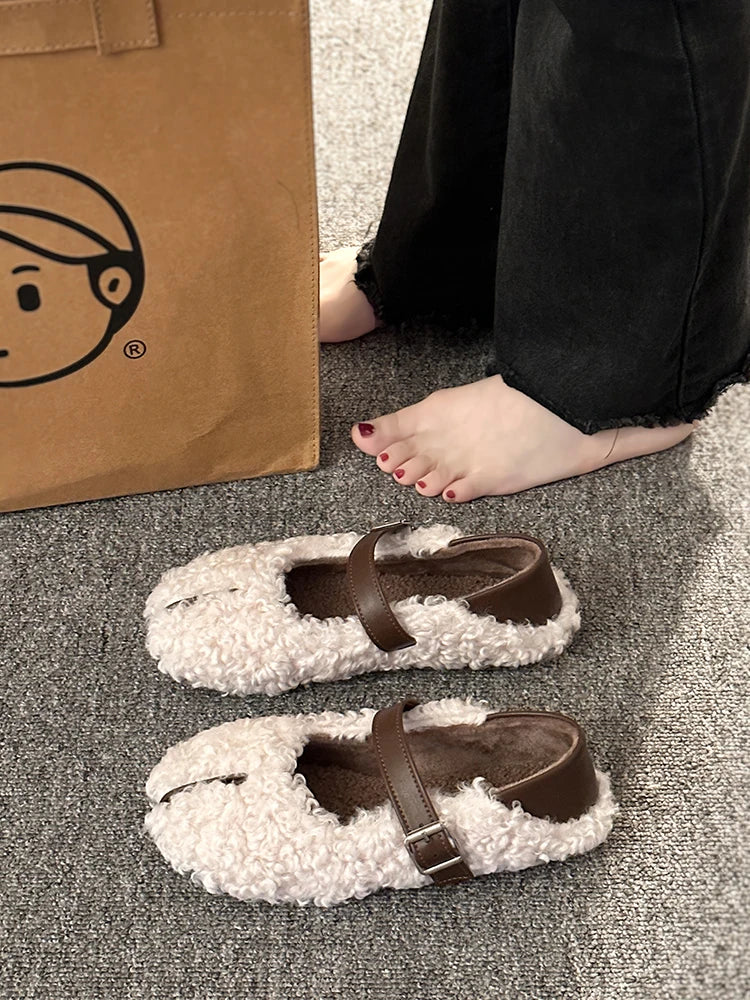 Shoes Woman Flats Loafers Fur Round Toe Autumn Female Sneakers Dress Moccasin Fall Winter Leisure Buckle Strap Flock Rubb