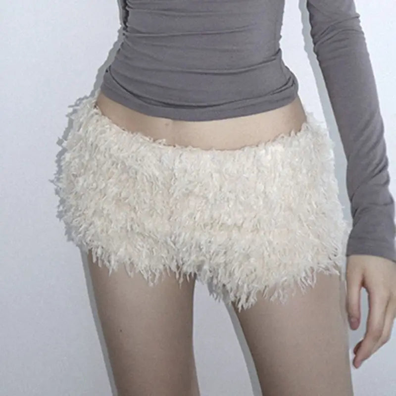 White Sweet Knitted Furry Super Mini Shorts for Winter Warm Low Waist Hot Pants Wrap Hip Slimming Leggings