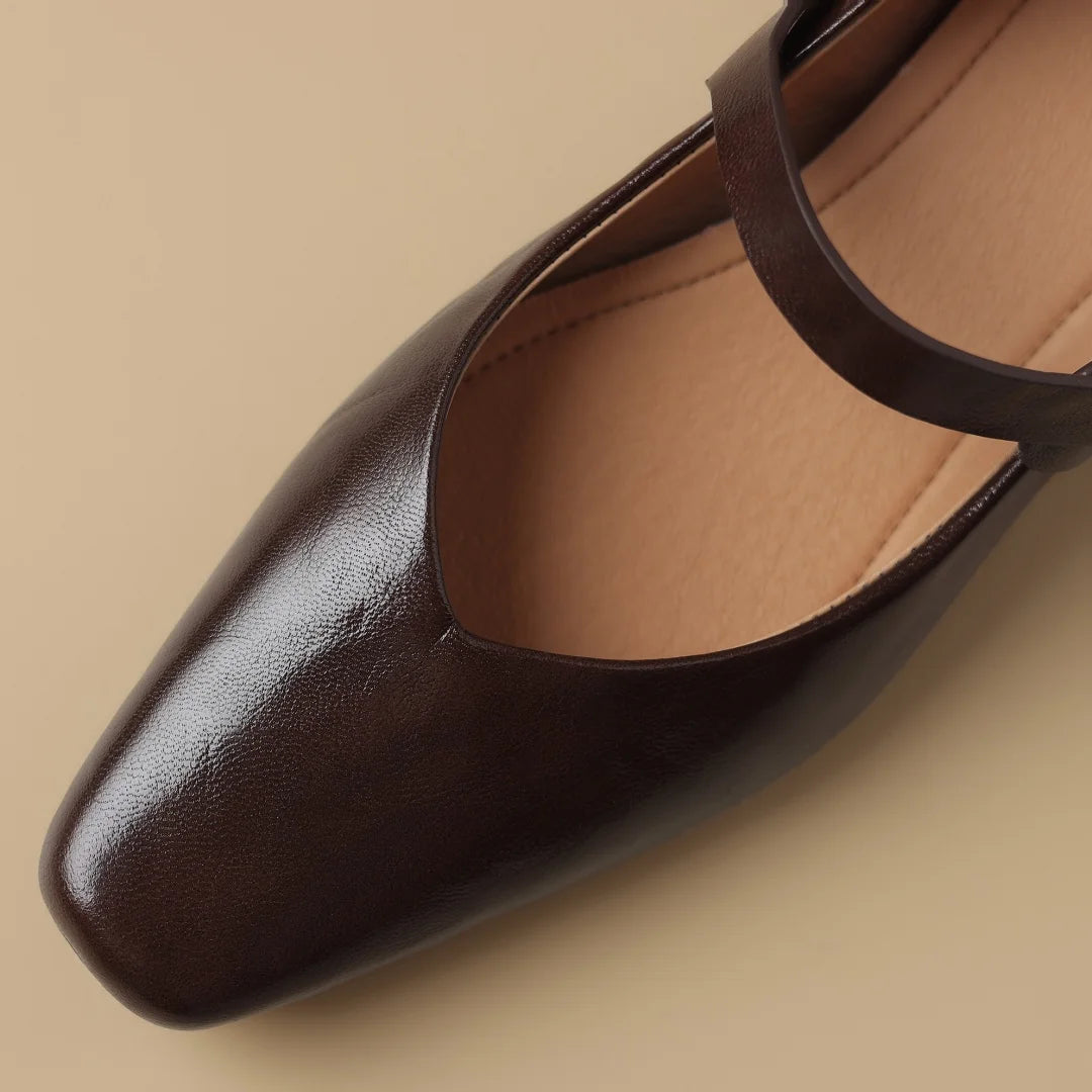 Genuine Leather Square Toe Slipon Mary Jane Pumps 4cm Thick Low Heel Daily Dress Heeled Shoes for Woman