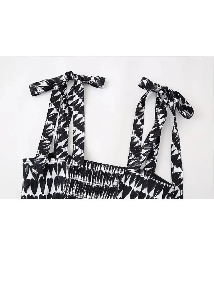 2 Piece Set Printed Bow Lace Up Cropped Camisole Sleeveless Tops High Waist Aline Pleated Skirts