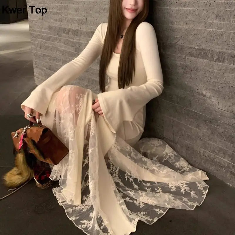 Bodycon Midi Dresses Flare Sleeve Slim Mermaid Dress Lace Fishtail Korean One Piece Party Dress Vestidos