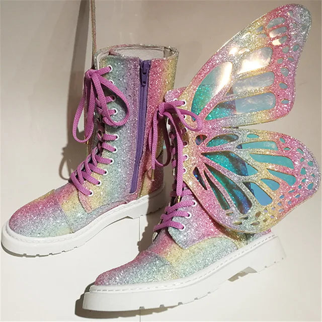 Shine Silver Real Leather Flat Sneakers Butterfly Wings Shoes Lace Up Ankle Boots Hightop Leisure Platform Shoes